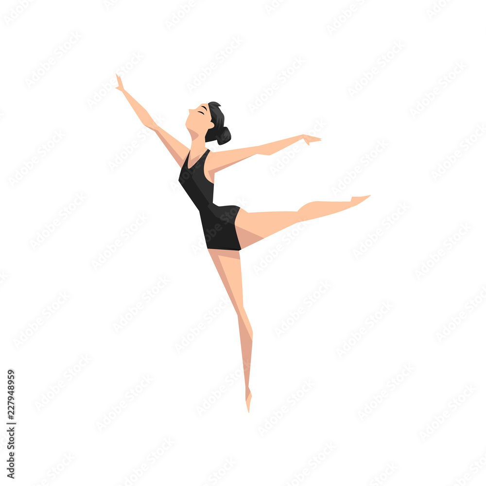 Sticker young professional ballerina dancing, classical ballet dance class vector illustration on a white ba