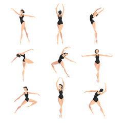 Young professional ballerina dancing set, classical ballet dancer in black leotard vector Illustration on a white background