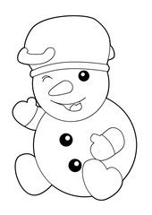 Happy cartoon snowmen - sitting watching and smiling in funny cap - isolated - with coloring page - vector illustration for children