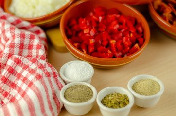 prepared fresh ingredients for cooking goulash with chorizo sausage, Spanish traditional food
