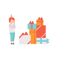 Boy feeling happy after receiving big pile of presents, kids celebrating birthday vector Illustration on a white background
