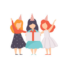 Lovely little girls standing in party hats, kids having fun at birthday party vector Illustration on a white background