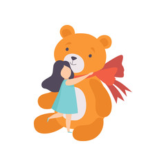 Lovely girl hugging her big teddy bear, kid celebrating birthday vector Illustration on a white background