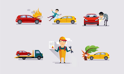 Road accidents set, car crash insurance and risk insured events vector Illustration