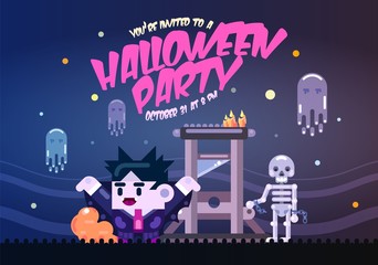Halloween poster with guillotine, ghosts, skeleton and dracula. Invitation template for Halloween party. Flat illustration.