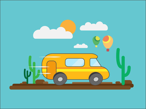 The journey by minibus through the desert or Savannah against a background of clouds and balloons. Vector illustration.