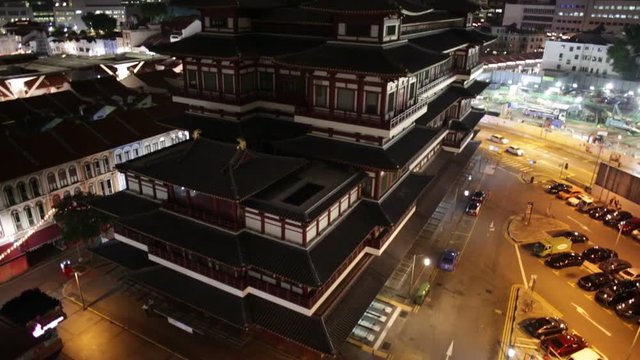 tilt PANORAMA of Buddha Tooth Relic Temple of Singapore from top view, Southeast Asia. Spectacular buddhist temple in Chinatown district with business district skyline by night.