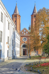 Plock Cathedral of  Blessed Virgin Mary, a Roman Catholic church in Poland,  Romanesque architecture. It is oldest  historical monument in city, which contains a number of tombs of Polish monarchs - obrazy, fototapety, plakaty