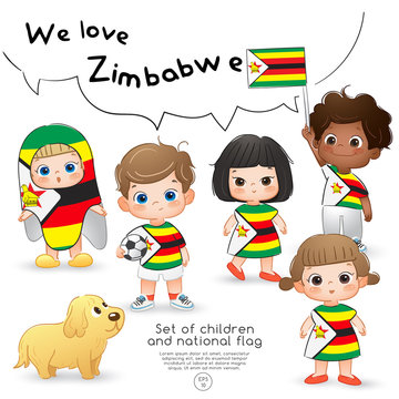 Zimbabwe : Boys and girls holding flag and wearing shirts with national flag print : Vector Illustration