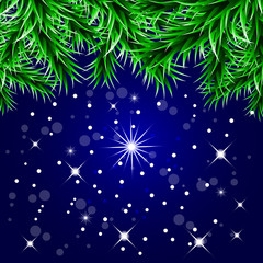 Fototapeta na wymiar Christmas decorative background with green spruce branches, magic glare, snowflakes. Vector illustration EPS10