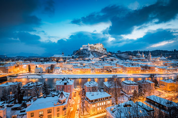 Classic view of Salzburg at Christmas time in winter, Austria