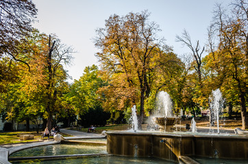 Fototapeta na wymiar Pecs, Hungary - October 06, 2018: The fountain in the city park Pecs, Hungary, in the fall 