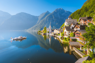 Classic view of Hallstatt with ship in summer, Austria