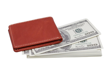 Brown wallet with money isolated on white background - clipping paths