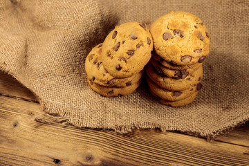 Chocolate chip cookies on wooden table