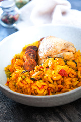 Prawn with rice - closeup of prawn with rice - traditionnal spanish food paella