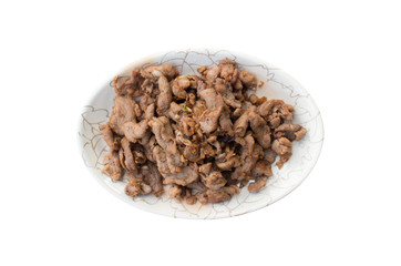 Fried pork with garlic and pepper isolated on white background