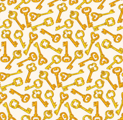 Golden vintage keys doodle seamless vector pattern