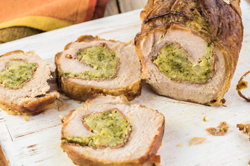 Roasted pork loin stuffed with prosciutto and broccoli
