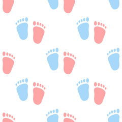 Vector semaless pattern of baby pink and blue footprints. 