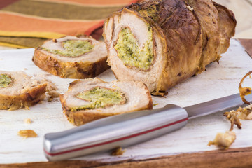 Roasted pork loin stuffed with prosciutto and broccoli