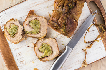Roasted pork loin stuffed with prosciutto and broccoli
