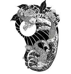 Japanese fish with chrysanthemum vector by hand drawing.Beautiful bird on white background.Grus japonensis art highly detailed in line art style.Chinese bird for tattoo or wallpaper.