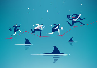 Risk Management. Business team running on graph over water with floating sharks. Concept business illustration