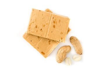 Peanut Christmas nougat isolated on white background. Typical Spanish. Top view

