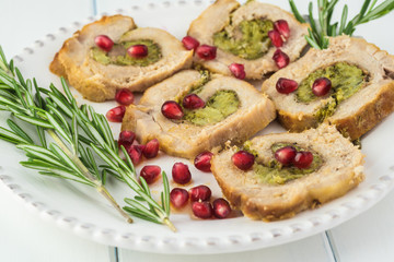 Roasted pork loin stuffed with prosciutto and broccoli.