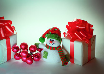 snowman, Christmas gifts and Christmas balls .isolated on white