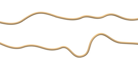 3d rendering of two lines of yellow natural rope lying on a white background in wavy form.