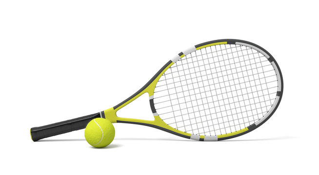 3d rendering a single tennis racquet lying with a yellow ball on white background.