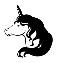Unicorn face silhouette closeup, vector illustration