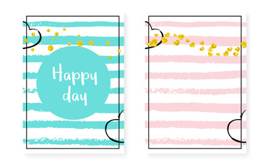 Gold glitter frame with dots and sequins. Wedding and bridal shower invitation set with confetti. Vertical stripes background. Vintage gold glitter frame for party, event, save the date flyer.