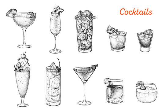 Naklejka Alcoholic cocktails hand drawn vector illustration. Cocktails sketch set. Engraved style. Sidecar, bellini, mojito, mai tai, negroni, singapore sling, tom collins, cosmopolitan, sazerac, whisky sour.