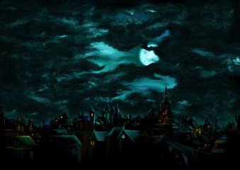 Mystical night over the medieval gothic town/ Illustration a fantasy town night scape with lights, sky with the moon and clouds on the background  - obrazy, fototapety, plakaty