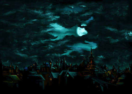 Mystical Night Over The Medieval Gothic Town/ Illustration A Fantasy Town Night Scape With Lights, Sky With The Moon And Clouds On The Background 