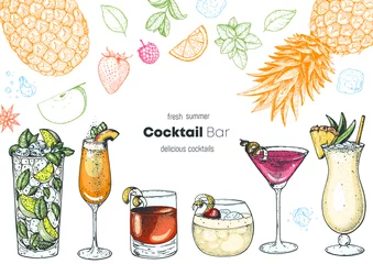 Foto op Plexiglas Alcoholic cocktails hand drawn vector illustration. Cocktails set. Menu design elements. © DiViArts