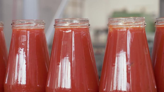 Tomate sauce Factory. tomate sauce bottles on conveyor belt-made in Italy