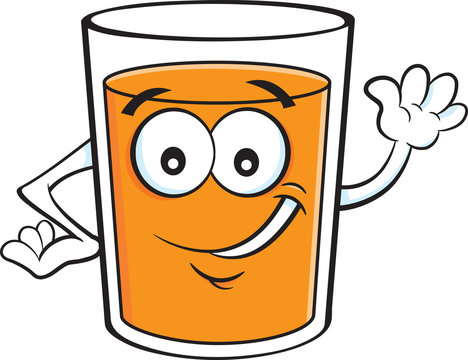 Cartoon illustration of a happy glass of orange juice waving.