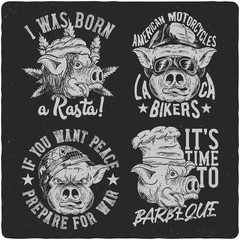 Fototapeta na wymiar Vintage labels set with lettering composition on black background. T-shirt logo design. Pig's heads - rasta, cook, soldier and biker.