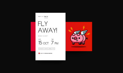 Airplane Ticket App for For Smart Phone with Cute Flying Pig Card Vector Illustration