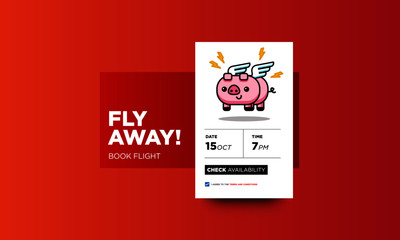 Airplane Ticket App for For Smart Phone with Cute Flying Pig Card Vector Illustration