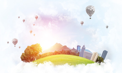 Concept of eco green life as elegant business center on white clouds