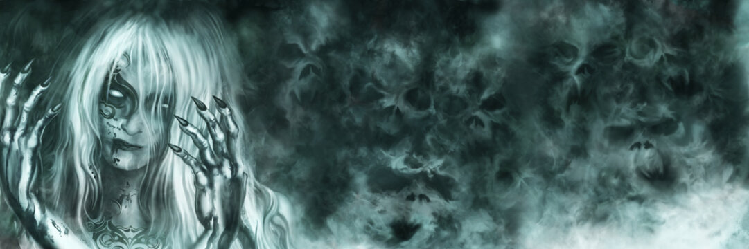 Ancient Vampire Goddess banner/ Illustration mysterious woman with painted face and bloody hands. Mist like ghost skulls on the background
