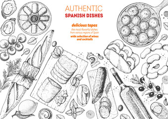 Spanish cuisine top view frame. A set of spanish dishes with albondigas, mojama, bocadillo, spanish croquetas. Food menu design template. Vintage hand drawn sketch vector illustration. Engraved image