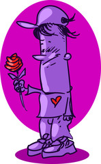 young man giving the rose to someone cartoon, sketch style free hand drawn doodle, vector illustration.