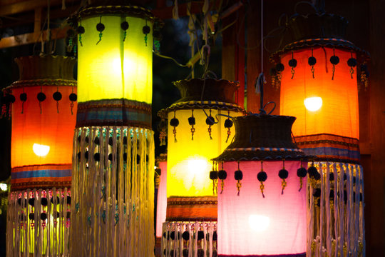 Hanging Lantern in Thai temple and Thai Home. Made from bamboo paper. Chiang Mai, Thailand Thai Lanna style,in northern thai style lanterns