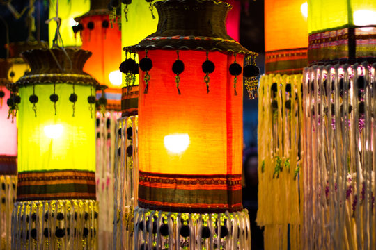 Hanging Lantern in Thai temple and Thai Home. Made from bamboo paper. Chiang Mai, Thailand Thai Lanna style,in northern thai style lanterns